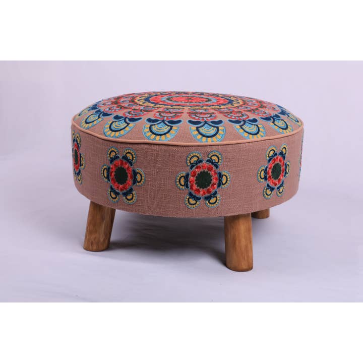 Embroidered Cotton Round Footstool with Wooden Legs 60 cm