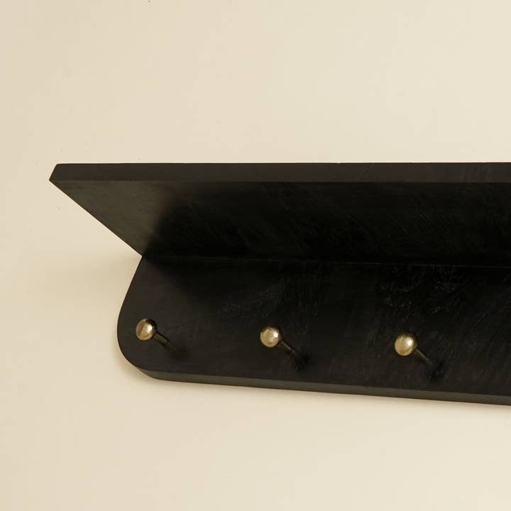 Modern Wall Shelf with 6 Hooks | Black Floating Coat Rack