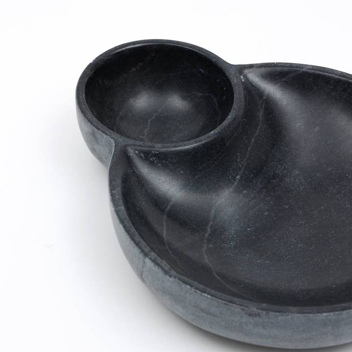 Elegant Black Natural Stone Two-Compartment Serving Dish | Modern Dip, Snack & Condiment Bowl