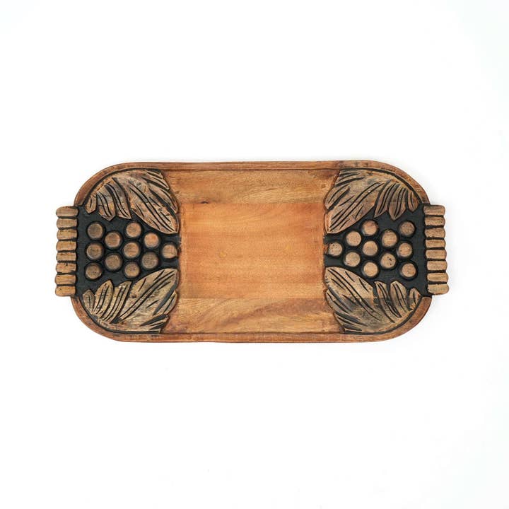 Handcrafted Black Wash Carved Grapes Wooden Serving Board | Rustic Cheese & Charcuterie Platter Tray