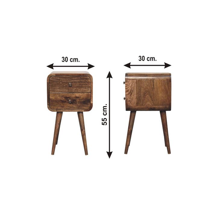Light Grey Lacquered Solid Mango Wood Mini Curved Nightstand with 2 Drawers & Nordic Legs