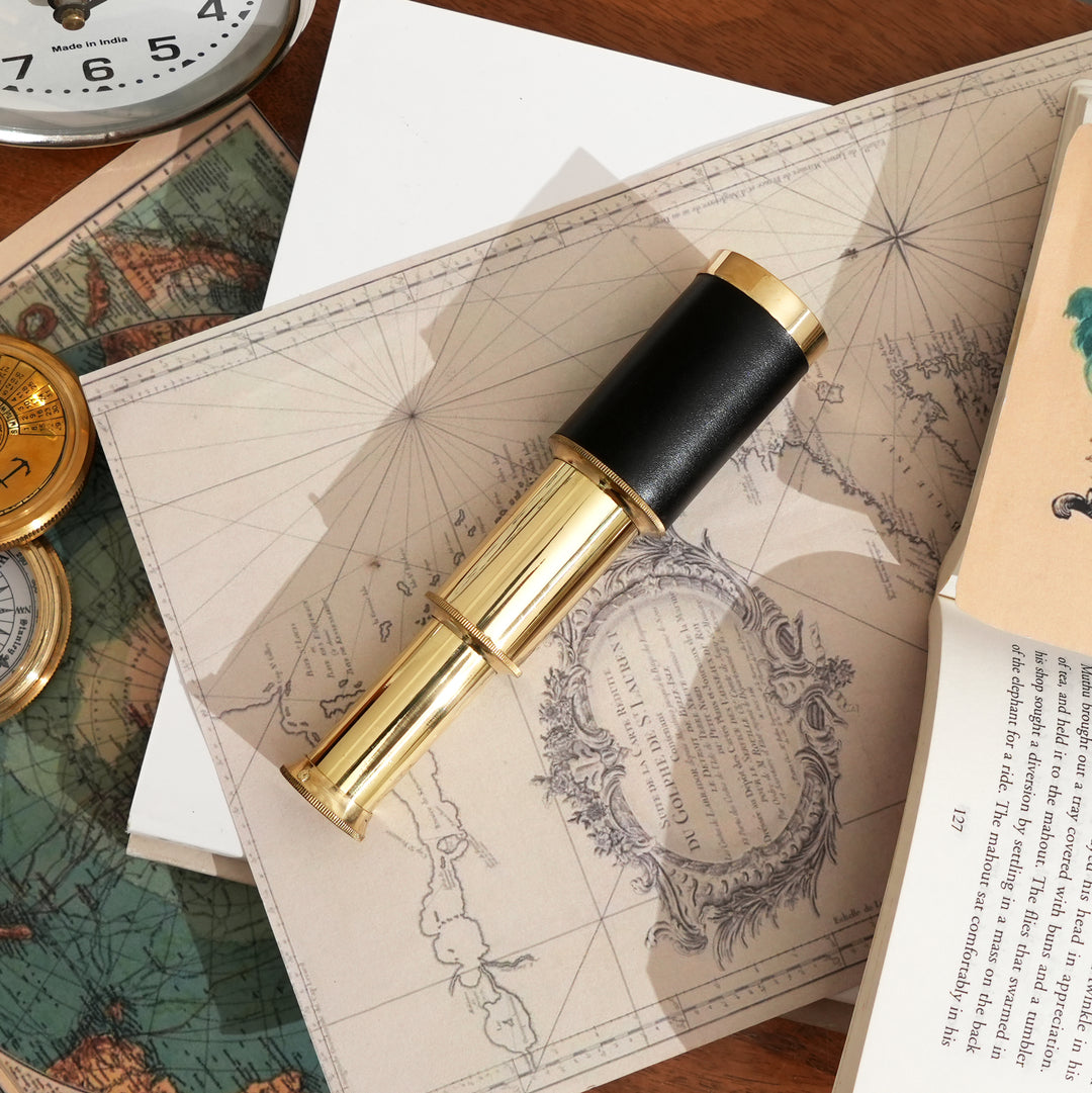 Vintage Brass Telescope with Leather Grip & Wooden Case | Gold & Black