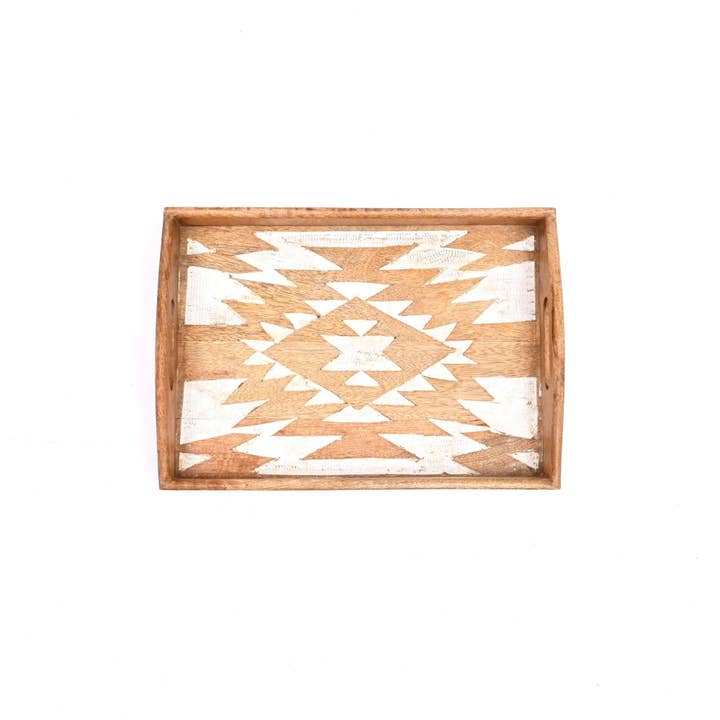 Matterhorn Carved Mango Wood Nesting Tray Set of 3 - Whitewashed Decorative Serving Trays for Home Decor