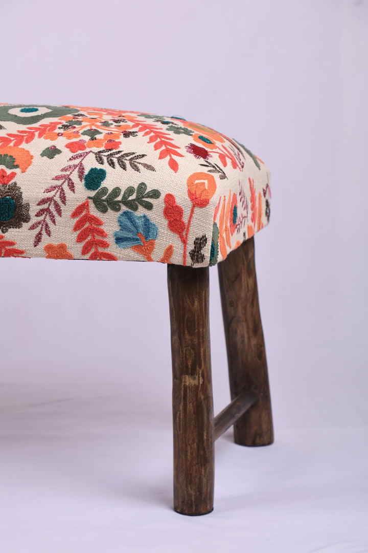 Floral Cotton Upholstered Bench with Wooden Legs 114 cm