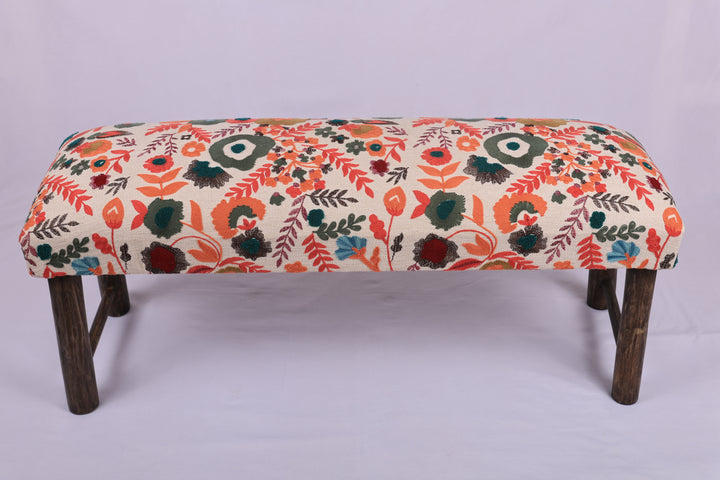 Floral Cotton Upholstered Bench with Wooden Legs 114 cm