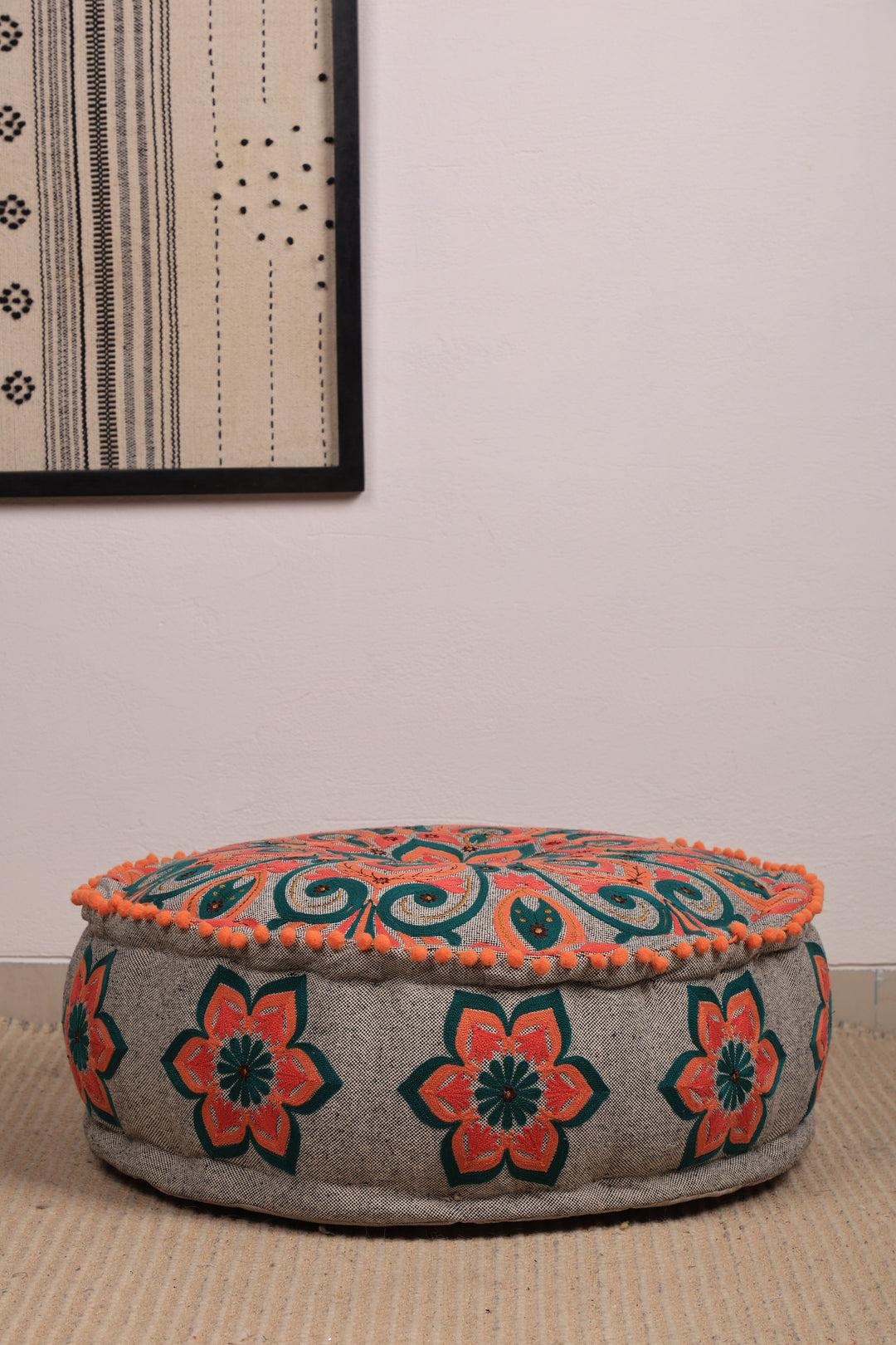 Mandala Embroidered Cotton Floor Cushion with Pompoms 60 cm