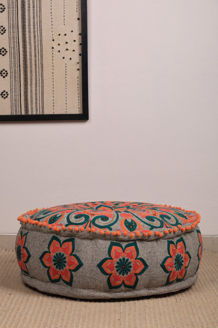 Mandala Embroidered Cotton Floor Cushion with Pompoms 60 cm