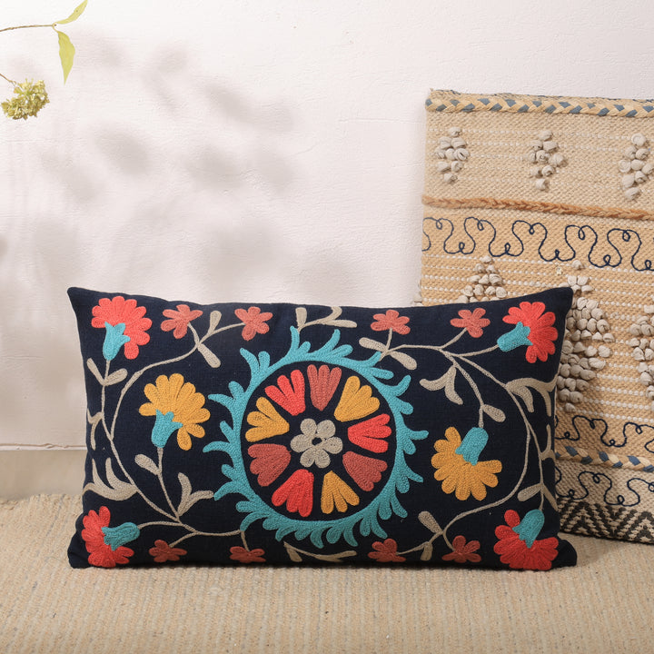 Indigo Aari Embroidered Cotton Cushion 35 x 60 cm