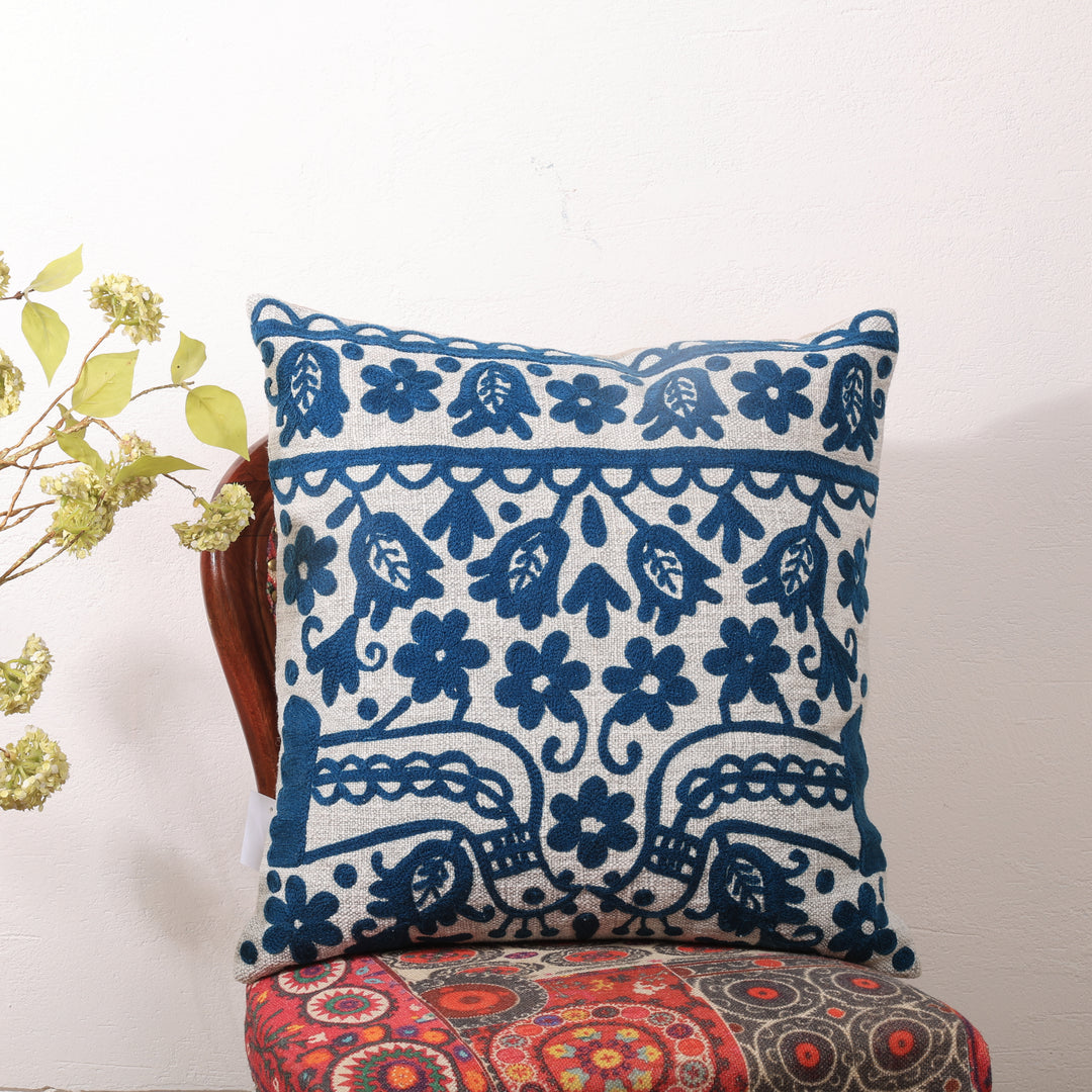 Blue Embroidered Cotton Cushion with Filler 45x45 cm