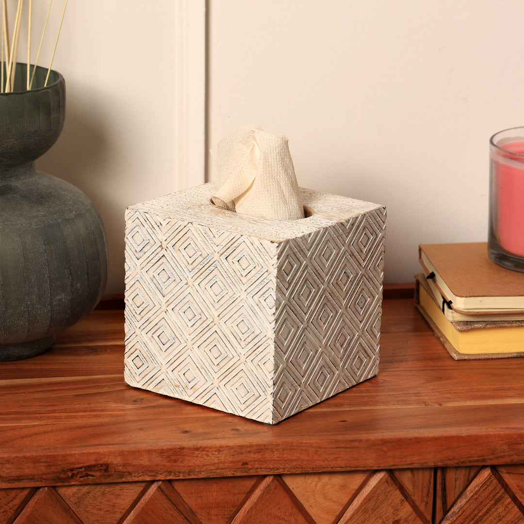 Ronald White Mango Wood Tissue Box Cover | Modern Decorative Facial Tissue Dispenser Holder for Home, Office, Bathroom