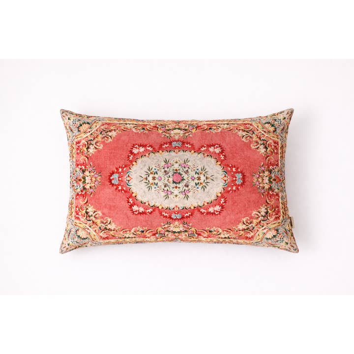 Floral Printed & Embroidered Cotton Lumbar Cushion- 40x60 cm