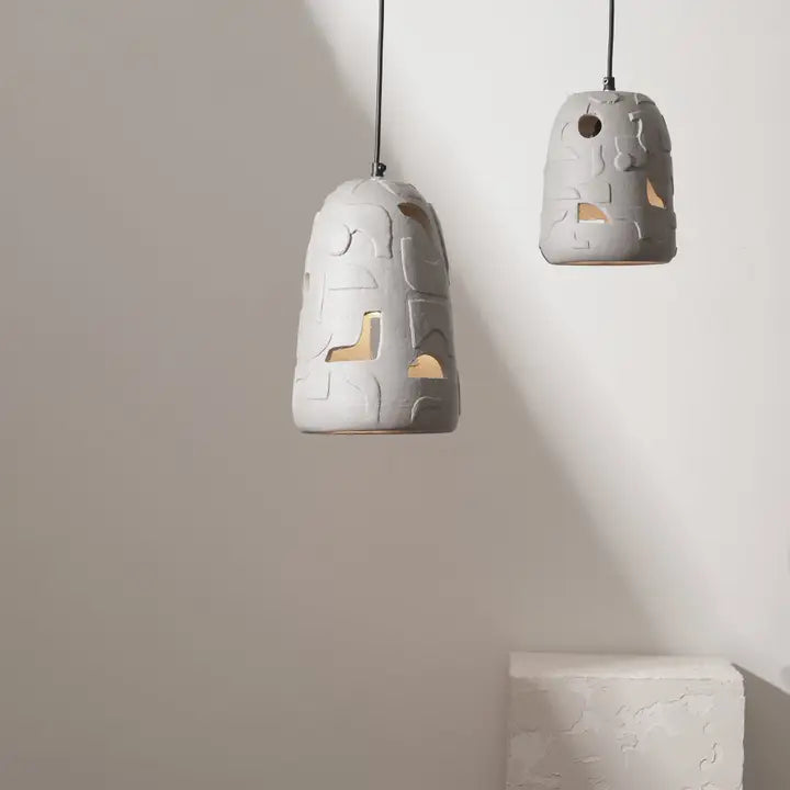 Handmade Petros Hanging Lamp – Elongated Grey Papier-Mâché Pendant Light