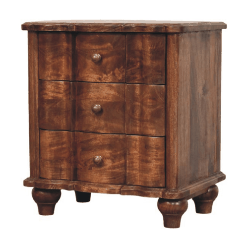 Brown Lacquered Toasted Almond Solid Mango Wood Valencia 3-Drawer Bedside with Antique Brass Handles
