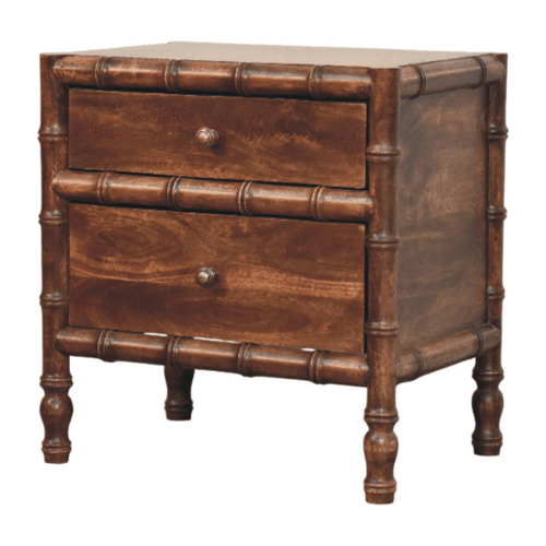 Brown Lacquered Toasted Almond Solid Mango Wood Bamboo Bedside Table with Turned Legs & Brass Handles
