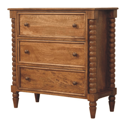 Solid Mango Wood Spindle Chest of Drawers with 3 Drawers & Turned Spindle Uprights | Chestnut Finish | 80 x 35 x 80 cm