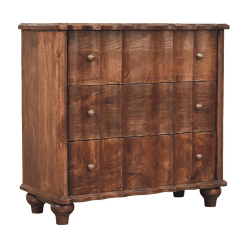 Brown Lacquered Velvet Mocha Solid Mango Wood Camille 3-Drawer Chest with Rattan Panels & Brass Handles