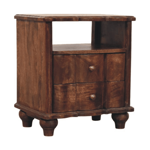Brown Lacquered Oak-Finish Solid Mango Wood Bedside Shelf with Bone Inlay Drawers & Nordic Legs