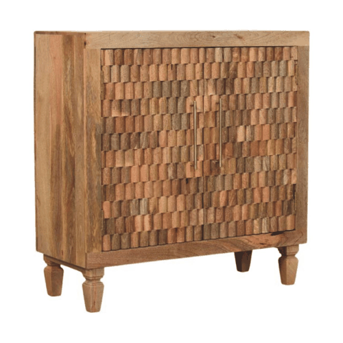 Solid Mango Wood Marbella Open Display Cabinet with Sculpted Front, 2 Shelves & Brass Handles | Golden Teak Finish | 85 x 35 x 86 cm