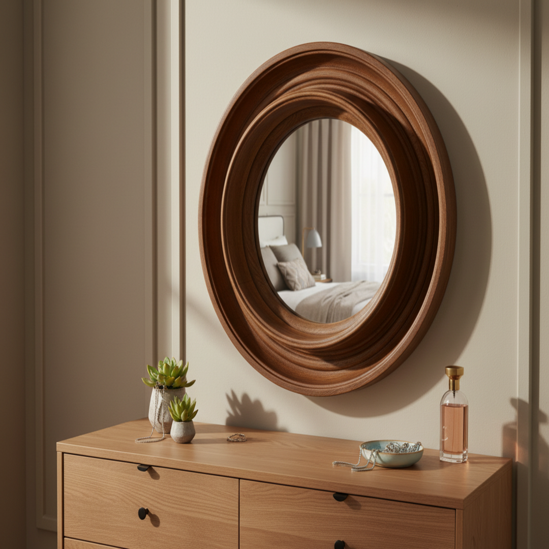 Wooden Porthole Convex Wall Mirror – Natural Mango Wood Frame, Nautical & Rustic Home Décor Accent