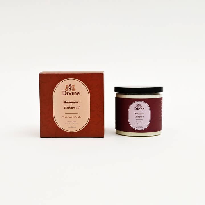 Mahogany & Teakwood Triple Wick Glass Candle – Premium Aromatic Home Décor Candle