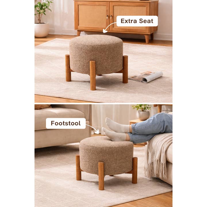 Brown Boucle Round Stool with Wooden Legs 40 cm