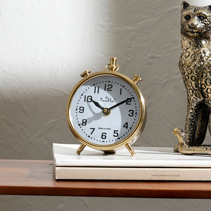 Vintage Gold Alarm Table Clock with Classic White Dial