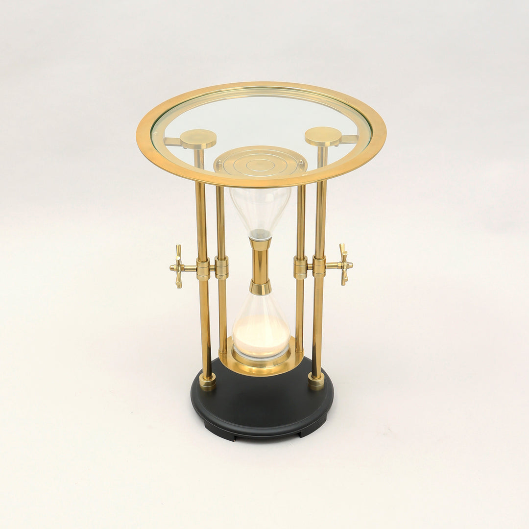 Golden Hour Sand Timer Table with Aluminum Body & Wooden Base  | Gold & Black
