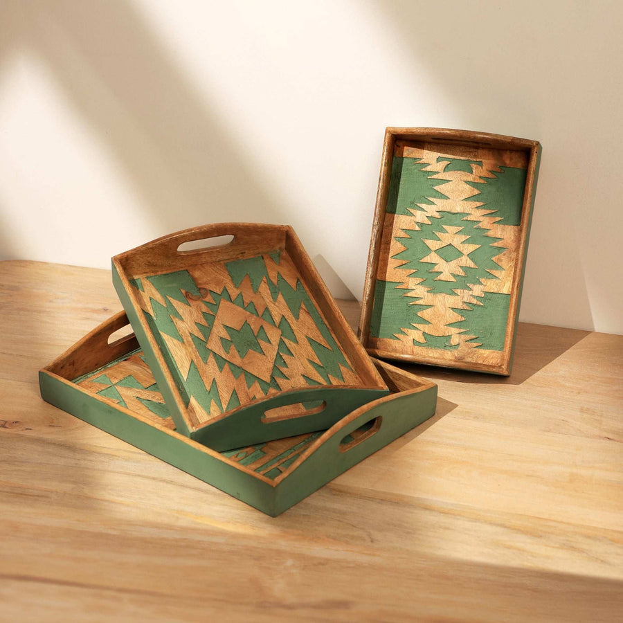 Matterhorn Carved Tray Set of 3 – Green Finish