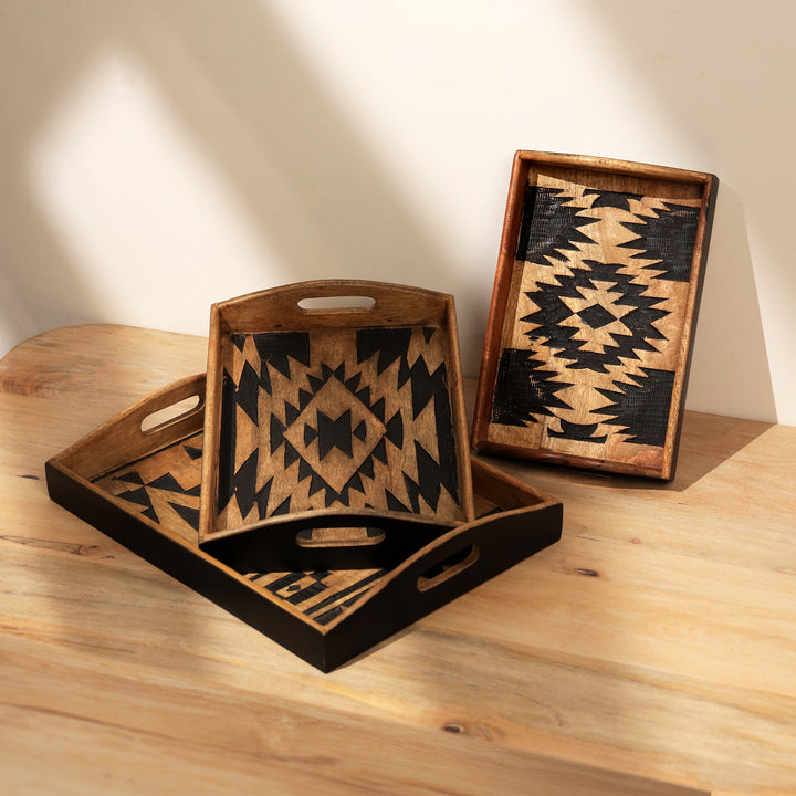 Matterhorn Carved Tray Collection – Bold Elegance, Artisanal Craft - Set of 3