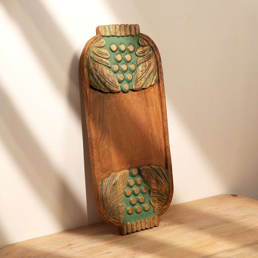 Handcrafted Green Carved Grapes Wooden Serving Board