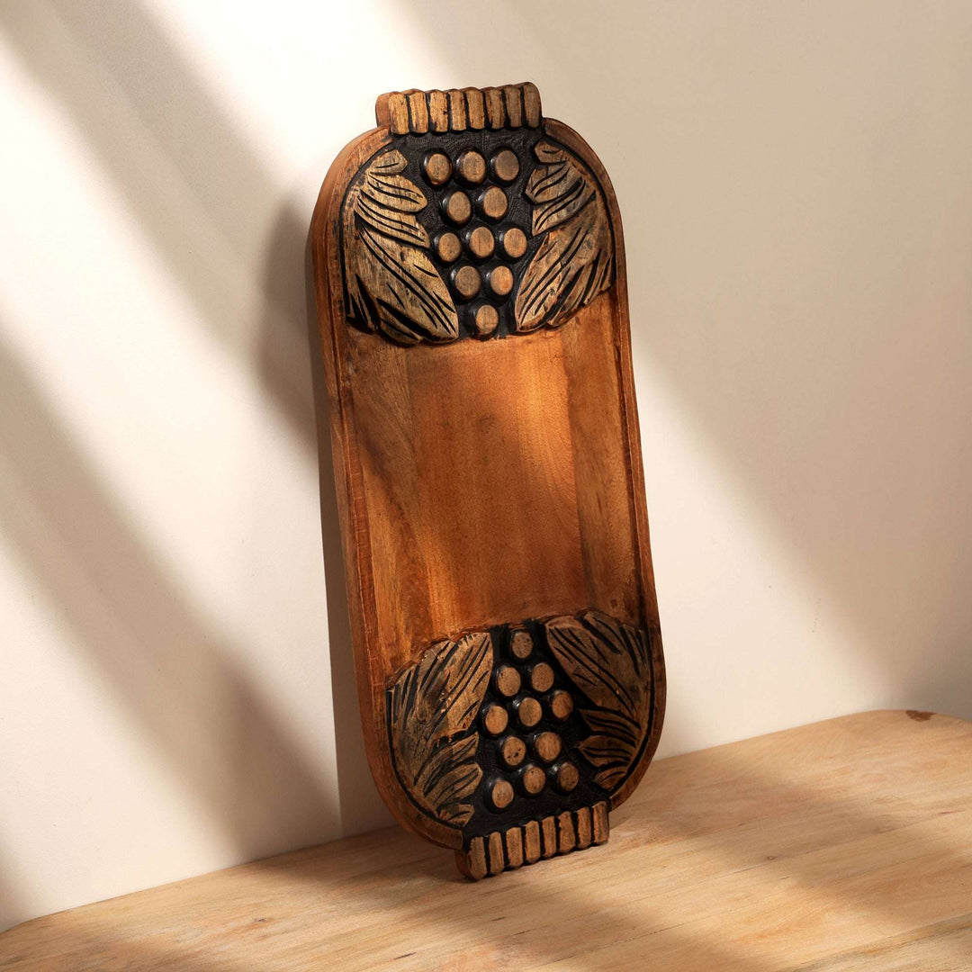 Black Wash Carved Grapes Wooden Serving Board Cheese Tray