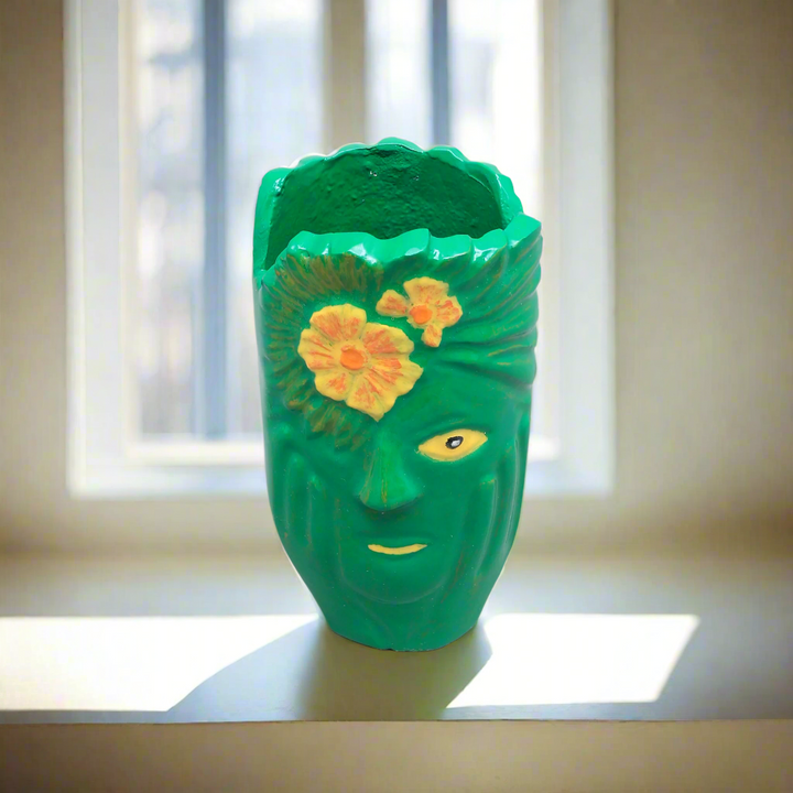 Aluminium Face Vase - Dark Green, Yellow & Orange