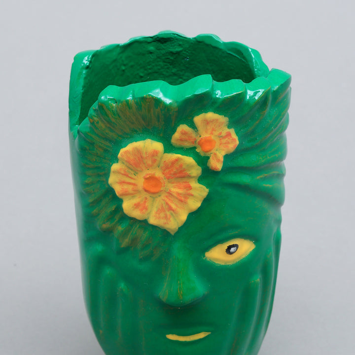 Aluminium Face Vase - Dark Green, Yellow & Orange