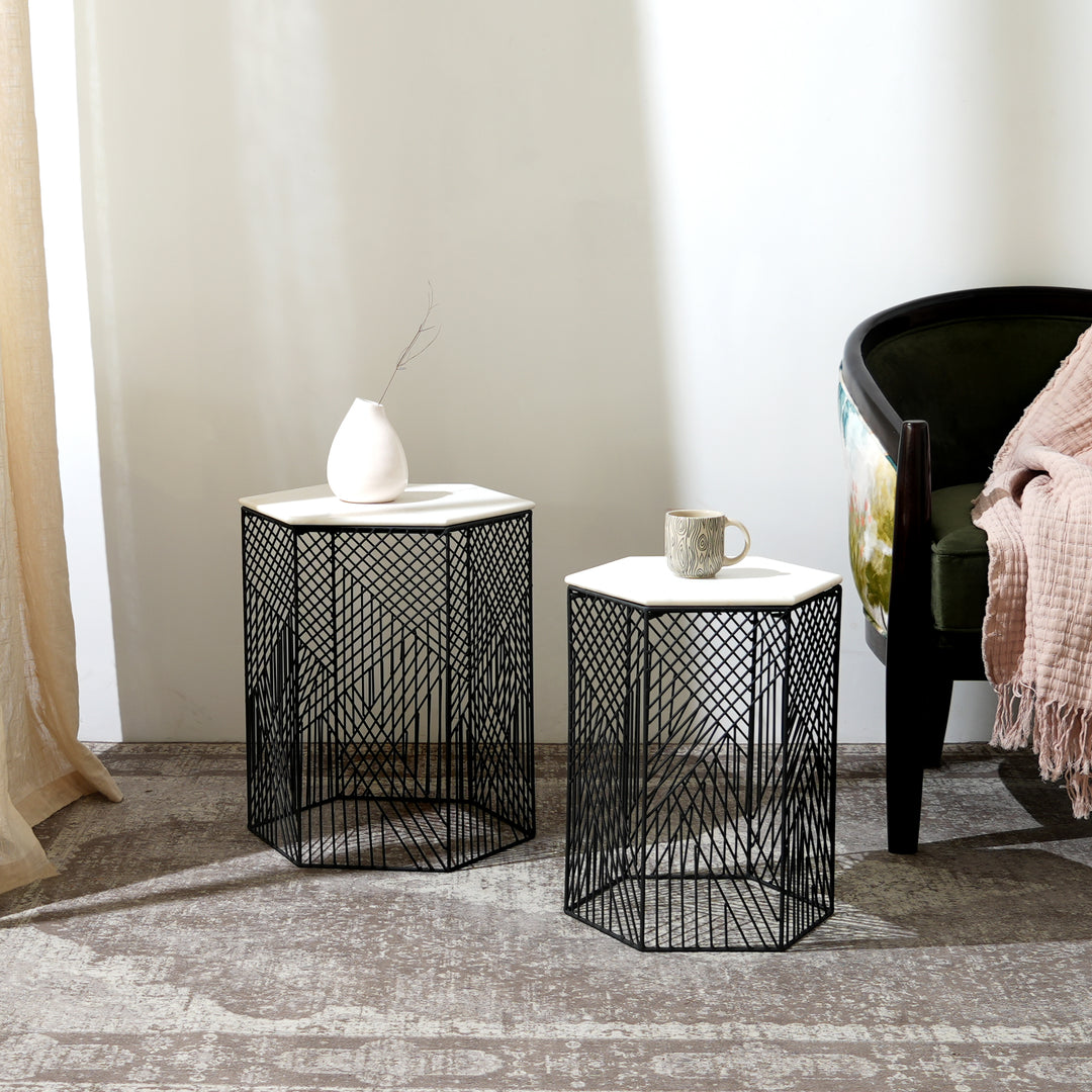Hexagonal Wire Marble Table  Set of 2