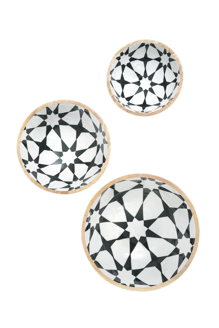 S/3-WOODEN BOWL/TESSILATION PATTERN