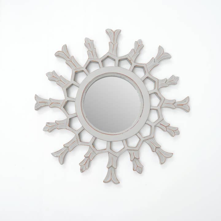 Hand-Carved Metallic Wooden Sunburst Wall Mirror - Decorative Statement Mirror for Living Room, Entryway & Bedroom Decor