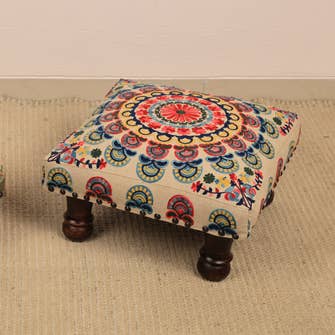 Mystic Mandala Cotton Footstool with Wooden Legs Multicolour