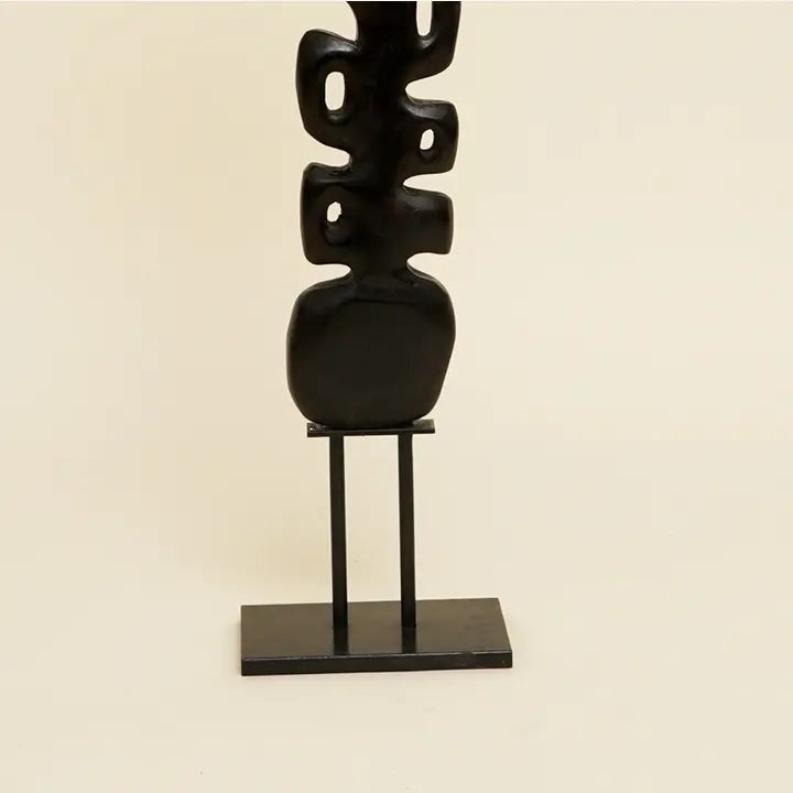 Abstract Vertical Spine Sculpture – Wooden & Metal Decorative Object – Black Finish