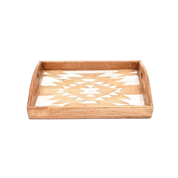Matterhorn Carved Mango Wood Nesting Tray Set of 3 - Whitewashed Decorative Serving Trays for Home Decor