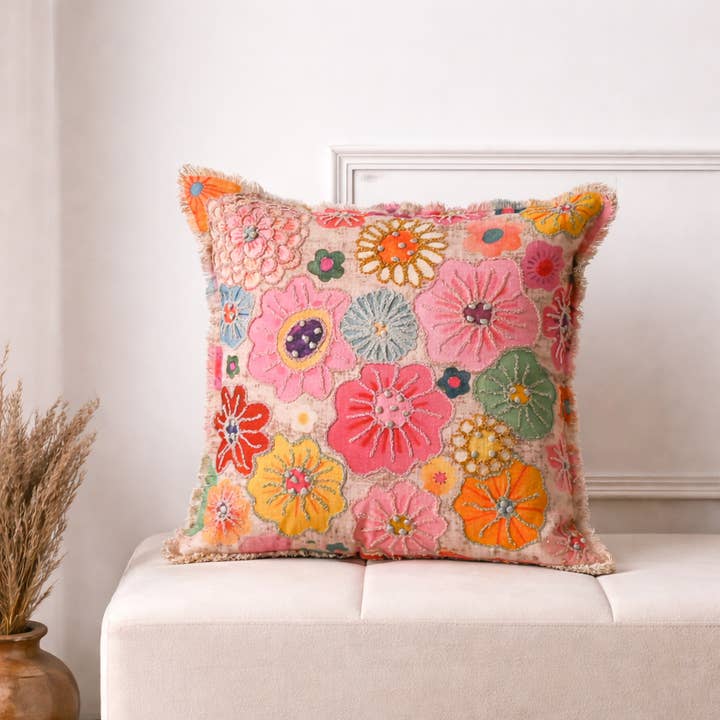 Embroidered Cotton Cushion- Floral Design- 45x45 cm