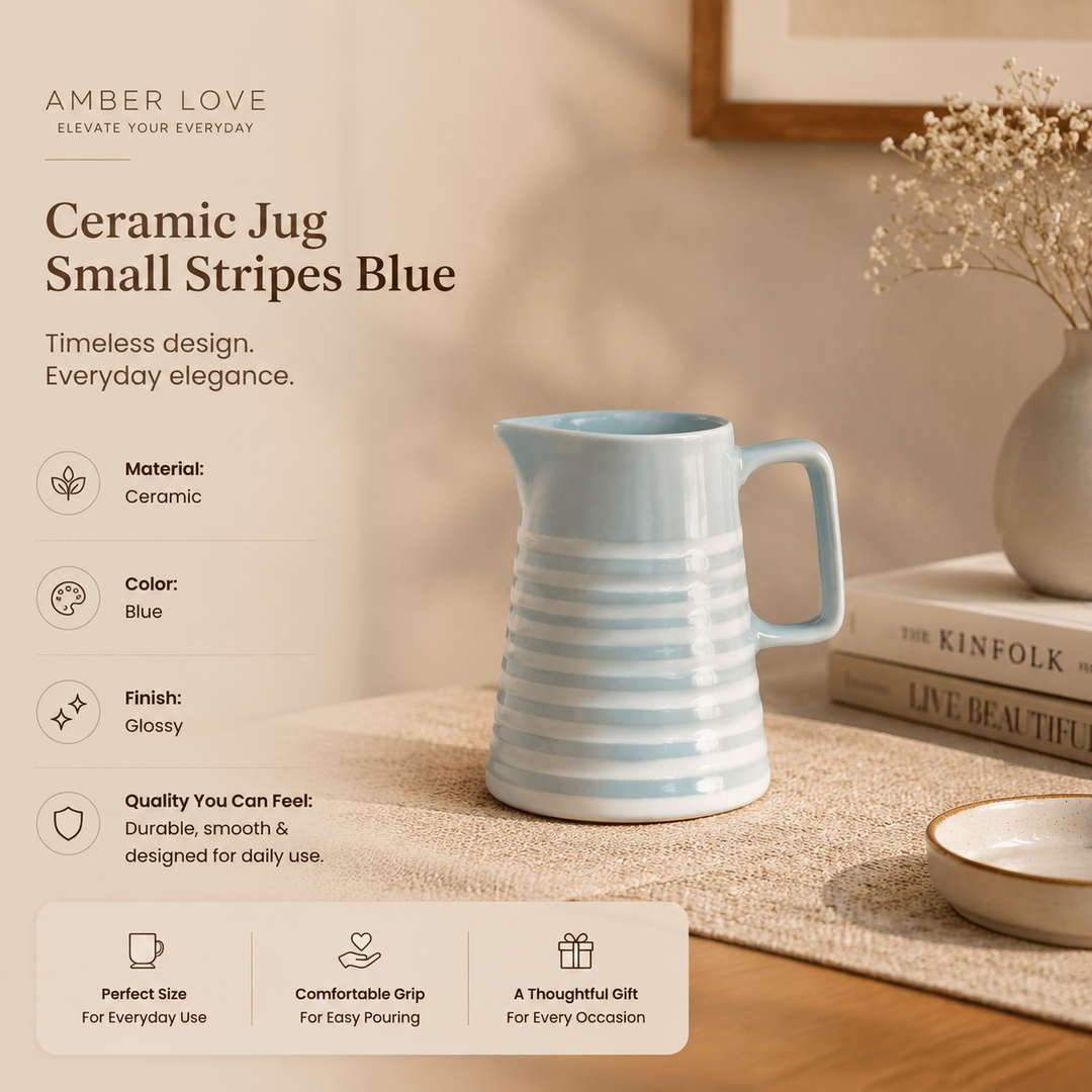 Hand-painted Blue Stripe Ceramic Jug Coastal Farmhouse