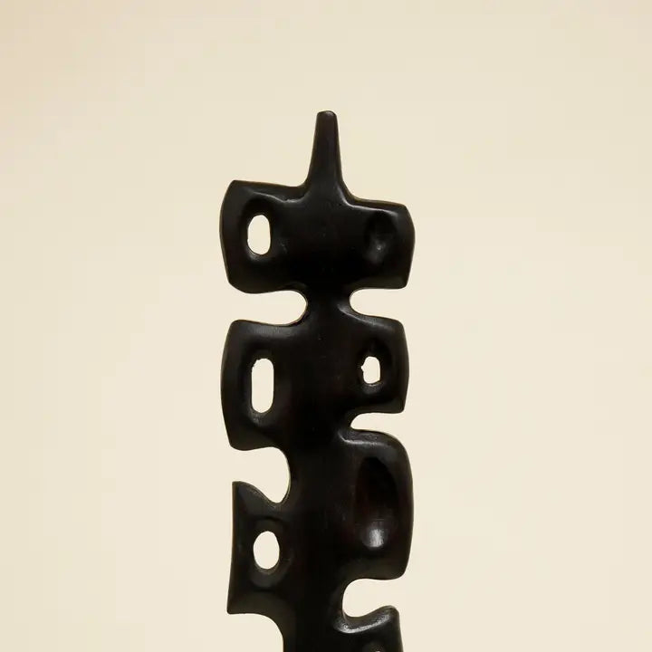 Abstract Vertical Spine Sculpture – Wooden & Metal Decorative Object – Black Finish