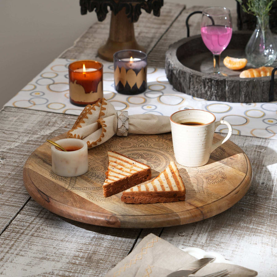 Golden Mandala Wooden Rotating Lazy Susan Serving Tray