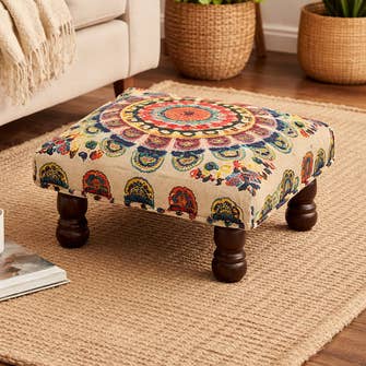 Mystic Mandala Cotton Footstool with Wooden Legs Multicolour