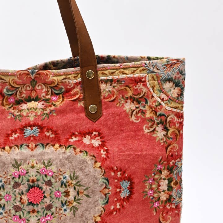Vintage Floral Embroidered Cotton Tote Bag - 40x48 cm