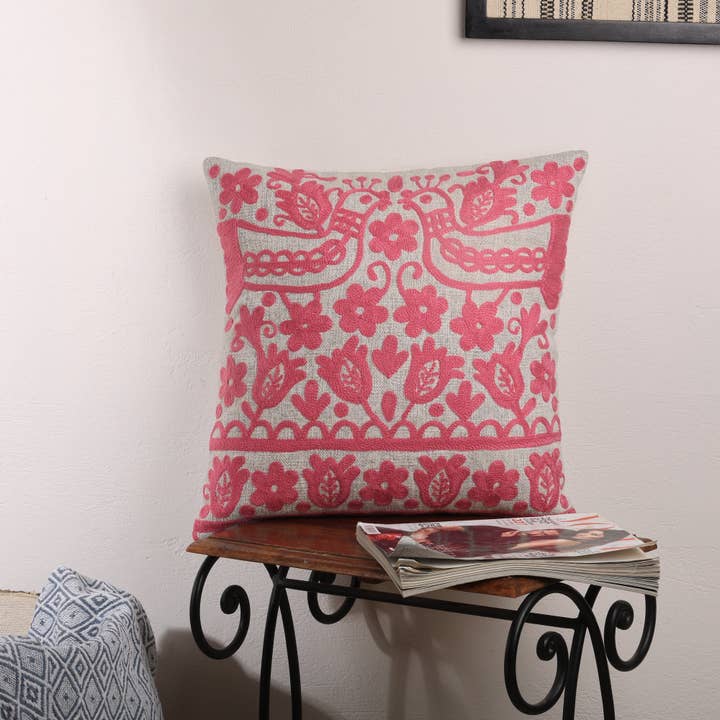 Pink Embroidered Cotton Cushion with Filler 45x45 cm