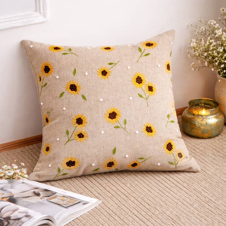 Embroidered Cotton Cushion- Sunflower Design- 45x45 cm