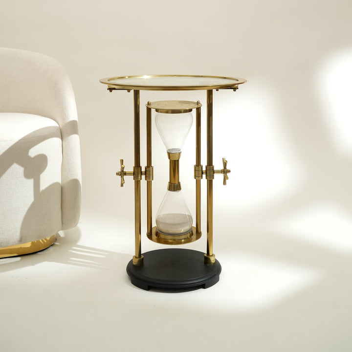 Golden Hour Sand Timer Table with Aluminum Body & Wooden Base  | Gold & Black