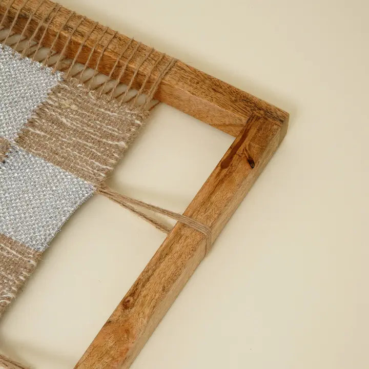 Checked Hemp & Acacia Wood Wall Art – Natural Textured Decorative Accent