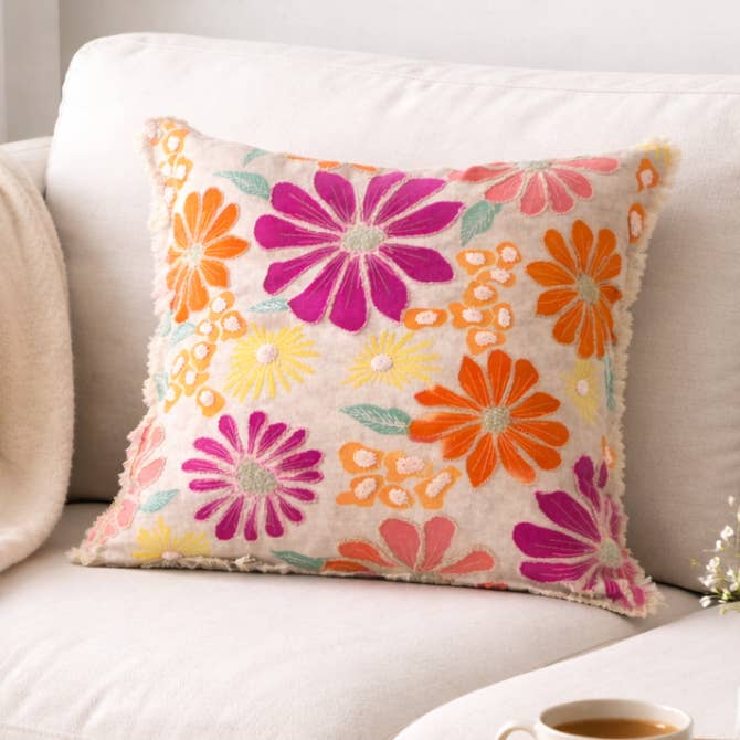 Embroidered Cotton Cushion- Neon Floral Design- 45x45 cm